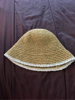 BP Olive Green Crochet Bucket Hat Blue Trim Y2K Coastal One Size